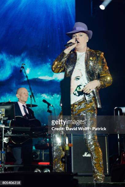 Andy Bell and Vince Clarke from Erasure open for Robbie Williams at AccorHotels Arena on July 1, 2017 in Paris, France.