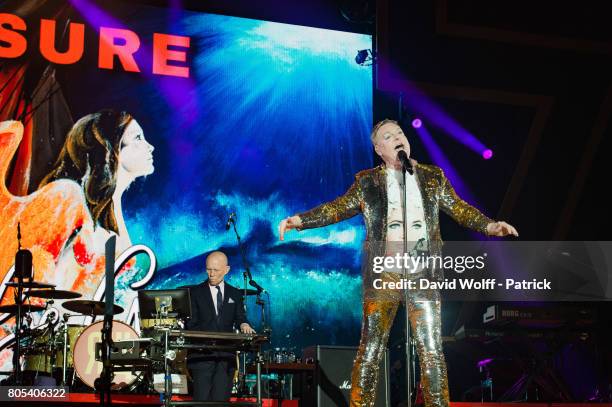 Andy Bell and Vince Clarke from Erasure open for Robbie Williams at AccorHotels Arena on July 1, 2017 in Paris, France.