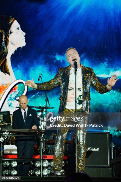 Andy Bell and Vince Clarke from Erasure open for Robbie Williams at AccorHotels Arena on July 1, 2017 in Paris, France.