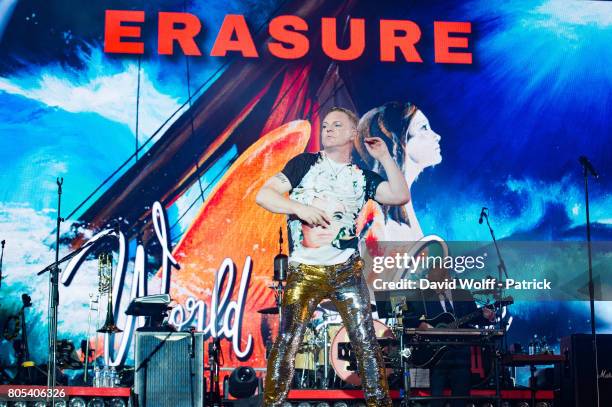 Andy Bell and Vince Clarke from Erasure open for Robbie Williams at AccorHotels Arena on July 1, 2017 in Paris, France.