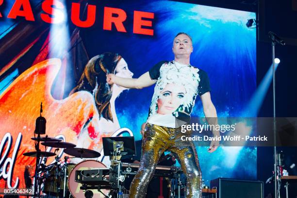 Andy Bell from Erasure opens for Robbie Williams at AccorHotels Arena on July 1, 2017 in Paris, France.