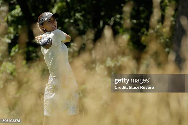 Klara Spilkova of the Czech Republic hits her tee shot on the fifth hole during the third round of the 2017 KPMG PGA Championship on July 1, 2017 in...