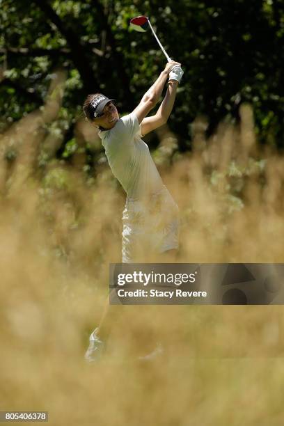 Klara Spilkova of the Czech Republic hits her tee shot on the fifth hole during the third round of the 2017 KPMG PGA Championship on July 1, 2017 in...