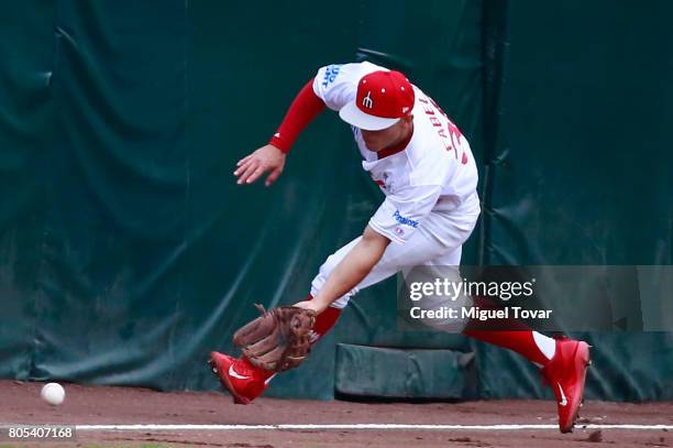 Jesus Fabela of Diablos catches the ball during the match between Rojos del Aguila and Diablos Rojos as part of the Liga Mexicana de Beisbol 2017 at...