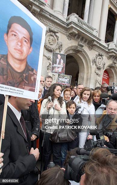 Astrid Benancourt, sister of French Colombian hostage Ingrid Betancourt is about to give a speech at the start of a Solidarity marche by thousands of...