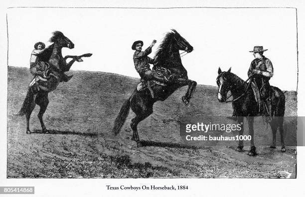 ilustrações de stock, clip art, desenhos animados e ícones de texas cowboys on horseback, early american engraving, 1884 - conduzir gado