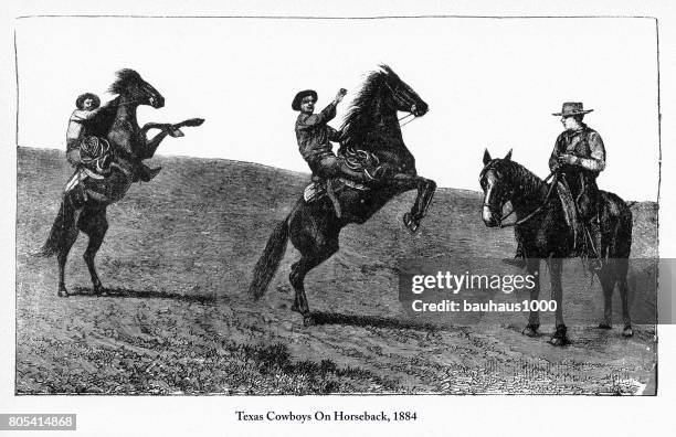 texas cowboys on horseback, early american engraving, 1884 - cattle drive stock illustrations