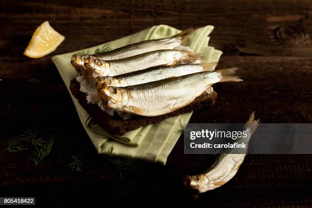 german sprats on bread - carolafink stock pictures, royalty-free photos & images