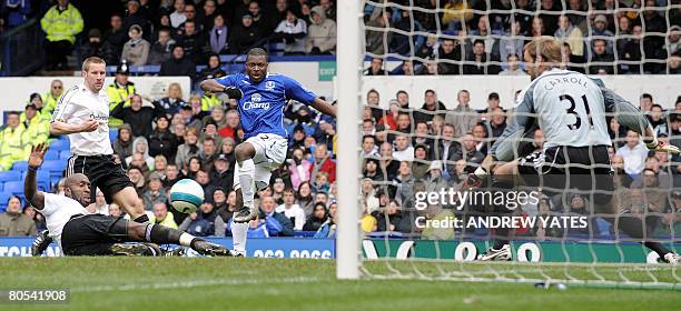 Everton's Nigerian forward Yakubu kicks the ball wide of the goal during the English Premier League football match against Derby County at Goodison...