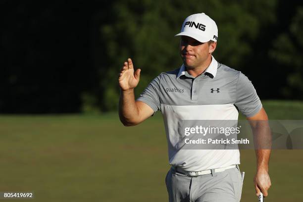 Daniel Summerhays of the United States reacts on the 16th green during the third round of the Quicken Loans National on July 1, 2017 TPC Potomac in...