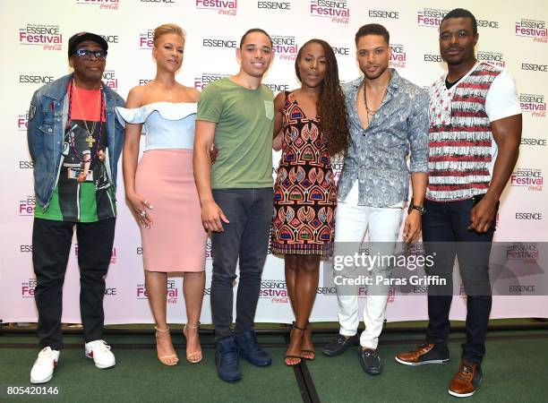 Spike Lee, Tonya Lewis Lee, DeWanda Wise, Anthony Ramos, Cleo Anthony and Lyriq Bent of 'She's Gotta Have It' pose in the press room at the 2017...