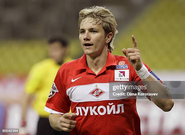 Roman Pavlyuchenko of FC Spartak Moscow celebrates after scoring goal during the Russian Football League Championship match between FC Spartak and FC...