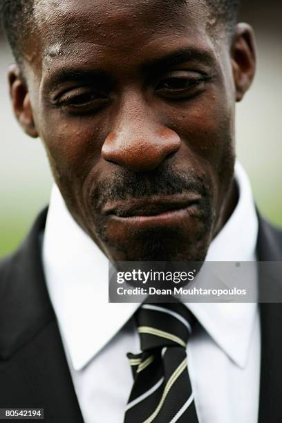 British sprinter Dwain Chambers looks on prior to the Super League match between Castleford Tigers and St. Helens at the Jungle on April 6, 2008 in...