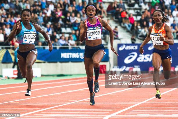 Ivorian sprinter Murielle Ahouré, Jamaican sprinter Elaine Thompson and Ivorian sprinter Marie-Josee Ta Lou compete in the 100m women during Meeting...