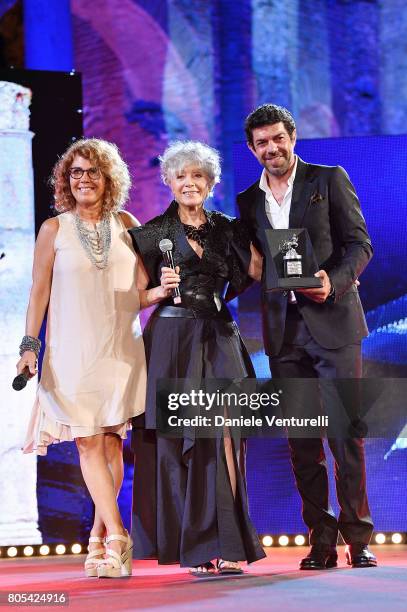 Roberta Manfredi, Erminia Manfredi and Pierfrancesco Favino attend Nastri D'Argento 2017 Awards Ceremony on July 1, 2017 in Taormina, Italy.