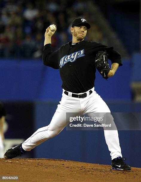 Roy Halladay of the Toronto Blue Jays throws a pitch against the Boston Red Sox during their MLB game at the Rogers Centre April 6, 2008 in Toronto,...