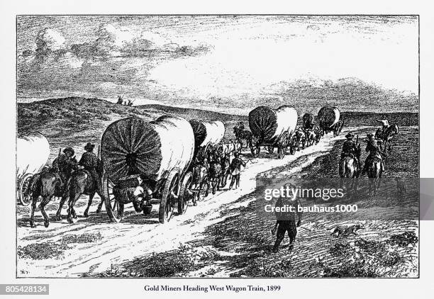 gold miners heading west wagon train victorian engraving, 1899 - wagon trail stock illustrations