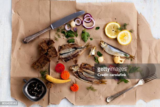 rustic snack with fish and mixed pickles - carolafink stock pictures, royalty-free photos & images