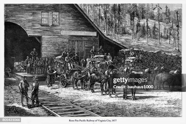 reno pan pacific railway of virginia city engraving, 1877 - virginia city nevada stock illustrations