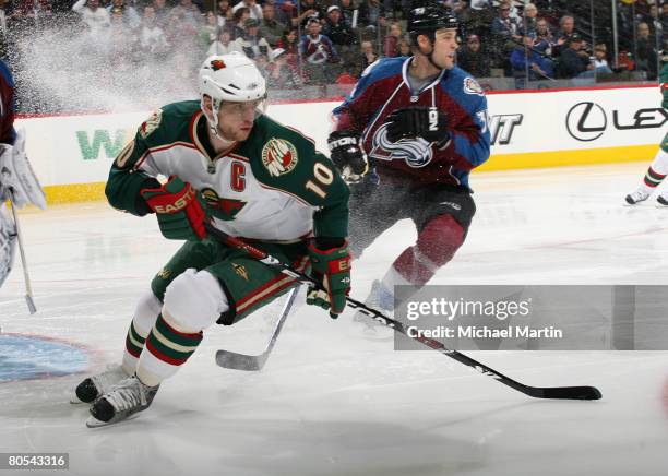 Marian Gaborik of the Minnesota Wild skates against the Colorado Avalanche at the Pepsi Center on April 6, 2008 in Denver, Colorado.