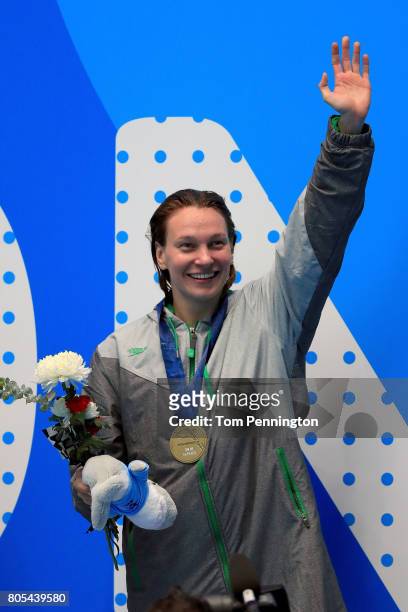 Melanie Margalis celebrates after winning the Women's 200 LC Meter Individual Medley Final during the 2017 Phillips 66 National Championships & World...