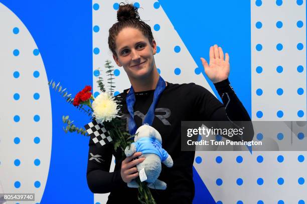 Leah Smith celebrates after winning the Women's 1500 LC Meter Freestyle Final during the 2017 Phillips 66 National Championships & World Championship...