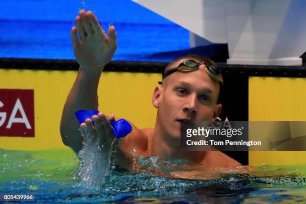 Caeleb Dressel celebrates after winning the Men's 50 LC Meter Freestyle Final during the 2017 Phillips 66 National Championships & World Championship...