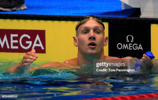 Caeleb Dressel celebrates after winning the Men's 50 LC Meter Freestyle Final during the 2017 Phillips 66 National Championships & World Championship...