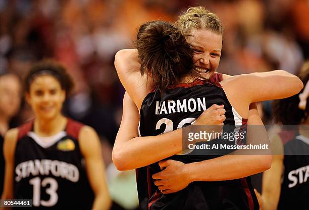 Jayne Appel and Jillian Harmon of the Stanford Cardinal celebrate their 82-73 win against the UCONN Huskies during their National Semifinal Game of...