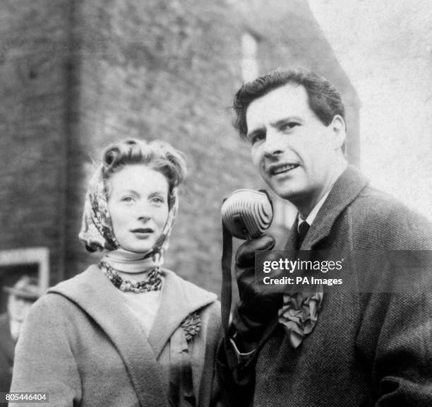 Ludovic Kennedy, the Liberal candidate, with his actress wife Moira Shearer, making an open air speech in Rochdale as polling took place in the...