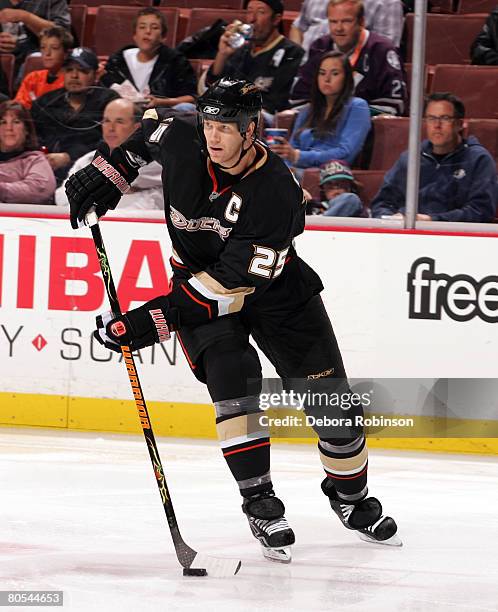 Chris Pronger of the Anaheim Ducks skates during the against the Phoenix Coyotes after an eight game suspension at the Honda Center April 6, 2008 in...