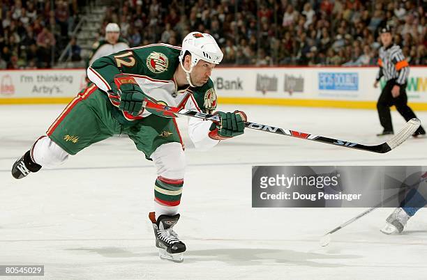 Brian Rolston of the Minnesota Wild in action against the Colorado Avalanche at the Pepsi Center on April 6, 2008 in Denver, Colorado. The Avalanche...