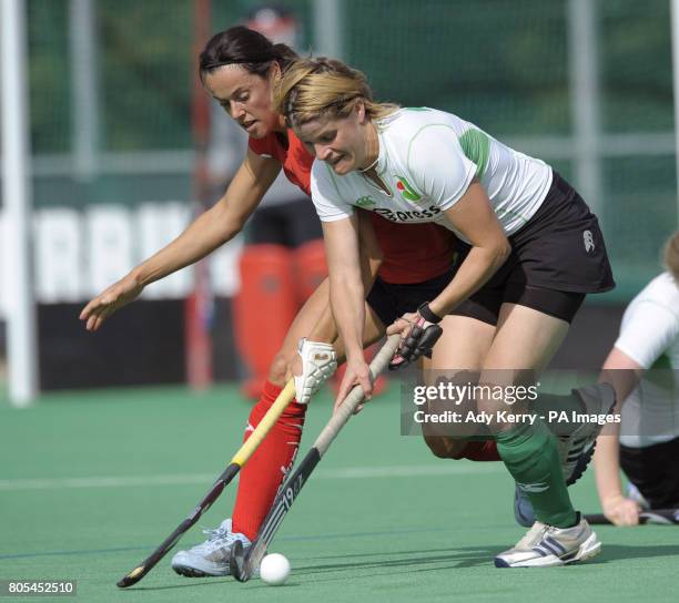 Canterbury's Jen Wilson battless with Trojan's Sarah Nicholls during their EHL Premier League game at Polo Farm, Canterbury