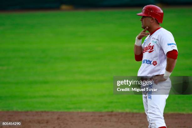 Ivan Terrazas of Diablos reacts during the match between Rojos del Aguila and Diablos Rojos as part of the Liga Mexicana de Beisbol at Fray Nano...