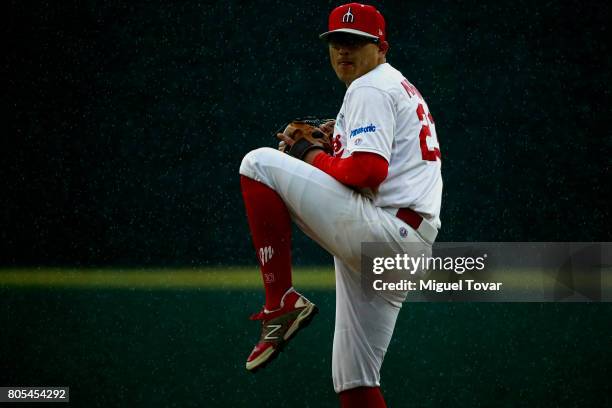 Oswaldo Martinez of Diablos pitches during the match between Rojos del Aguila and Diablos Rojos as part of the Liga Mexicana de Beisbol 2017 at Fray...