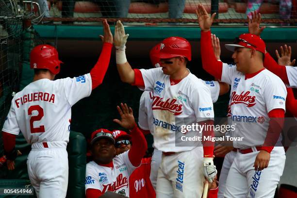 Carlos Figueroa of Diablos celebrates after scoring during the match between Rojos del Aguila and Diablos Rojos as part of the Liga Mexicana de...