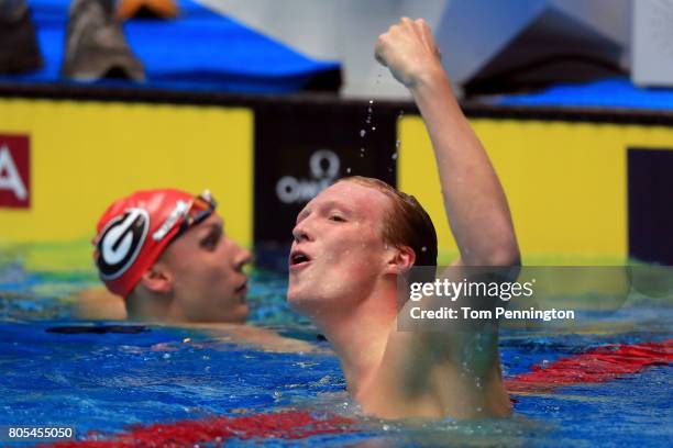 Abrahm DeVine celebrates after finishing second in the Men's 200 LC Meter Individual Medley Final during the 2017 Phillips 66 National Championships...