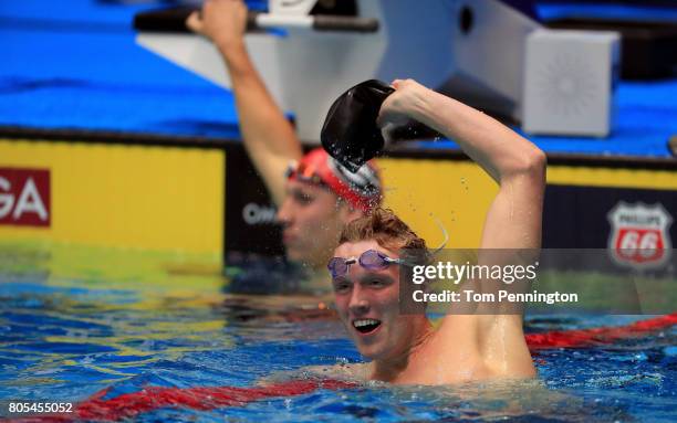 Abrahm DeVine celebrates after finishing second in the Men's 200 LC Meter Individual Medley Final during the 2017 Phillips 66 National Championships...