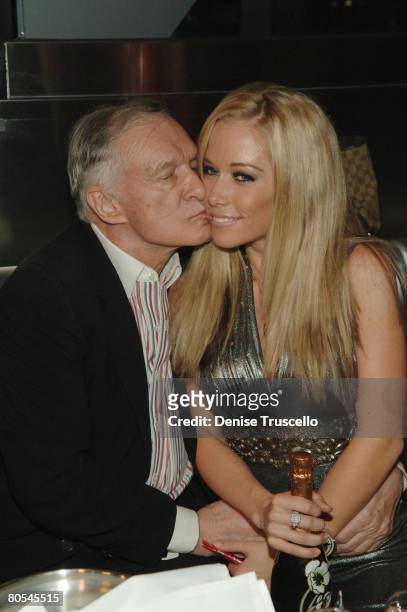 Publisher Hugh Hefner and television personality Kendra Wilkinson attend Hugh Hefner's 82nd birthday celebration at Moon Nightclub inside The Palms...