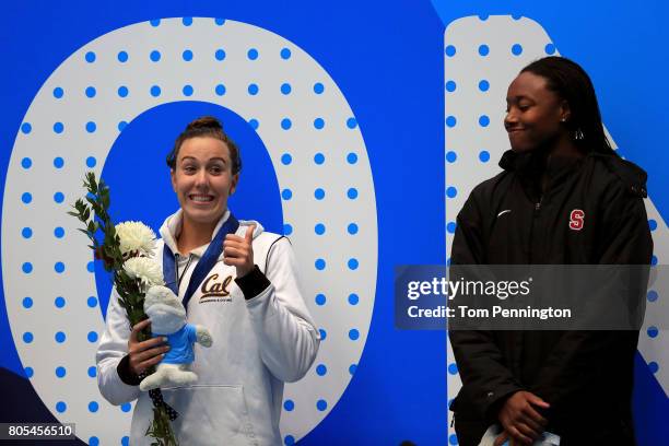 Abbey Weitzeil celebrates after finishing second as Simone Manuel looks on after winning Women's 50 LC Meter Freestyle Final during the 2017 Phillips...