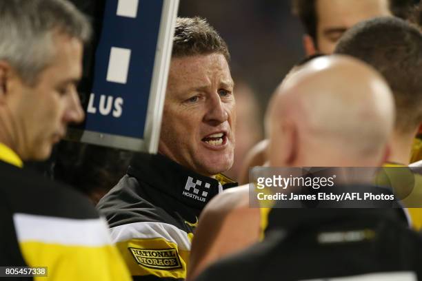 Damien Hardwick, Senior Coach of the Tigers during the 2017 AFL round 15 match between the Port Adelaide Power and the Richmond Tigers at Adelaide...
