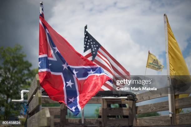 Confederate flag is displayed on a truck at the Gettysburg National Military Park on July 1, 2017 in Gettysburg, Pennsylvania. The U.S. Park service...