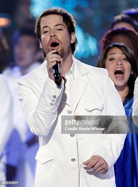 American Idol contestant David Cook performs during the taping of Idol Gives Back held at the Kodak Theatre on April 6, 2008 in Hollywood, California.