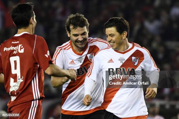 Actor Pedro Alfonso and Marcelo Gallardo, coach of River Plate smile during Fernando Cavenaghi's farewell match at Monumental Stadium on July 01,...