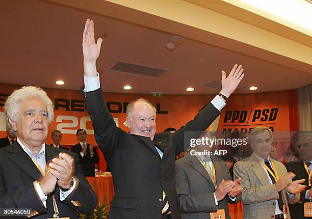 Madeira region President Alberto Joao Jardim gestures on April 5, 2008 during the 12th Congress of the Social Democratic Party of Madeira in Funchal,...