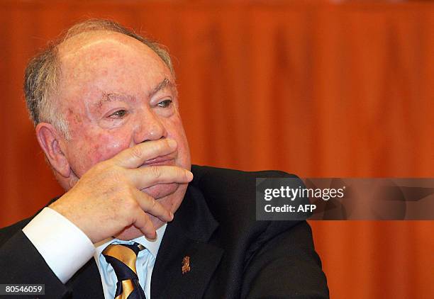 Madeira region President Alberto Joao Jardim attends on April 5, 2008 the 12th Congress of the Social Democratic Party of Madeira in Funchal, where...