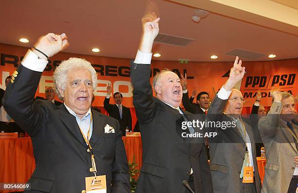 Madeira region President Alberto Joao Jardim gestures on April 5, 2008 during the 12th Congress of the Social Democratic Party of Madeira in Funchal,...