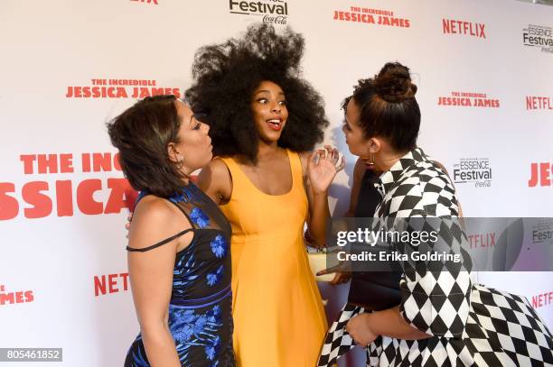 Selenis Leyva, Jessica Williams and Dascha Polanco attend the Premiere Of Netflix Original Film "The Incredible Jessica James" At The 2017 Essence...