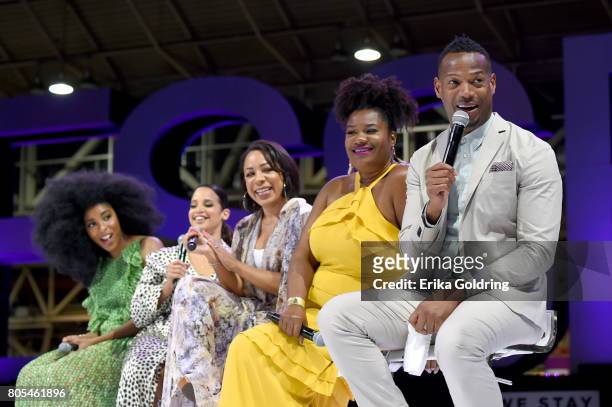 Jessica Williams, Dascha Polanco, Selenis Leyva, Adrienne C. Moore and Marlon Wayans speak onstage during Netflix At Essence Festival 2017 - Day 2 on...