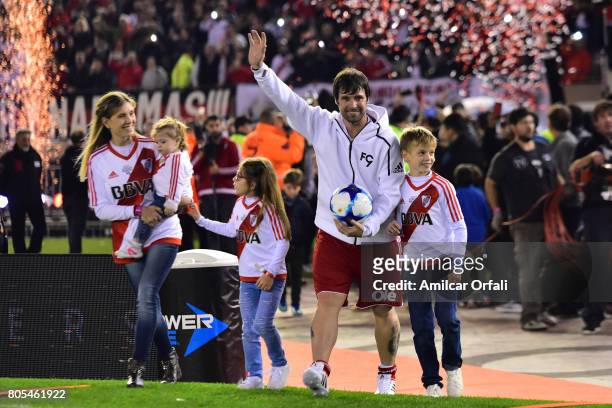 Fernando Cavenaghi enters to the pitch with his wife, Soledad Gaynor and his sons Benjamín, Sophie and Anna during Fernando Cavenaghi's farewell...